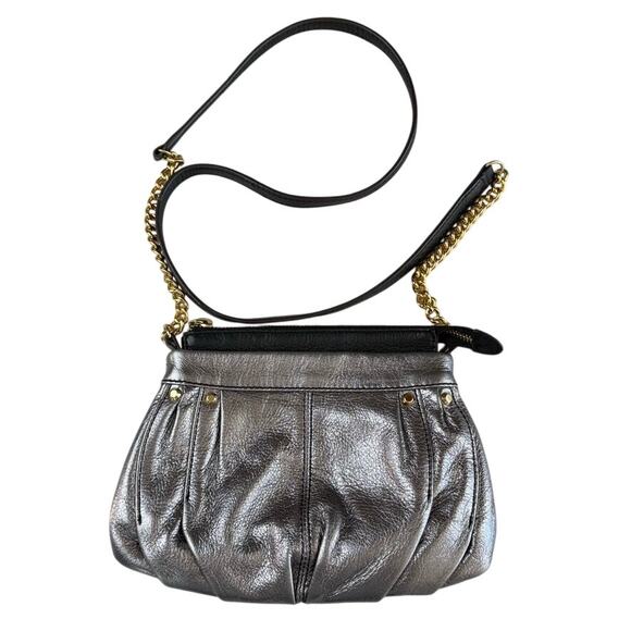 B. Makowsky Leather Metallic Pewter Crossbody Gold Chain Mini Purse - Picture 1 of 6